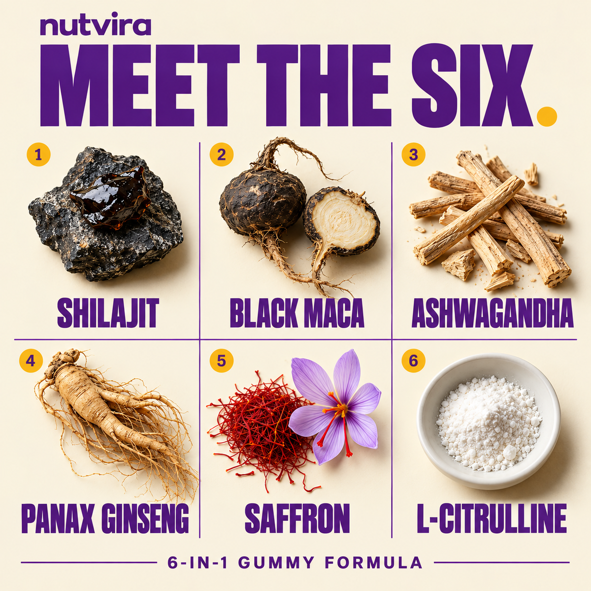 Meet the six: shilajit, black maca, ashwagandha, Panax ginseng, saffron and L-citrulline.