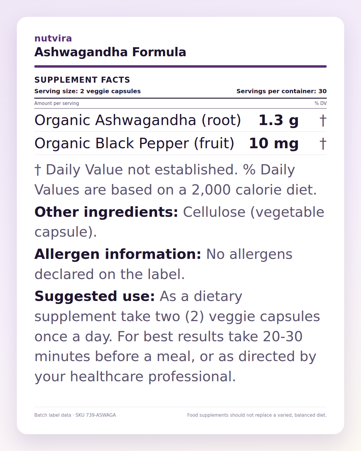 Nutvira Ashwagandha Formula supplement facts panel