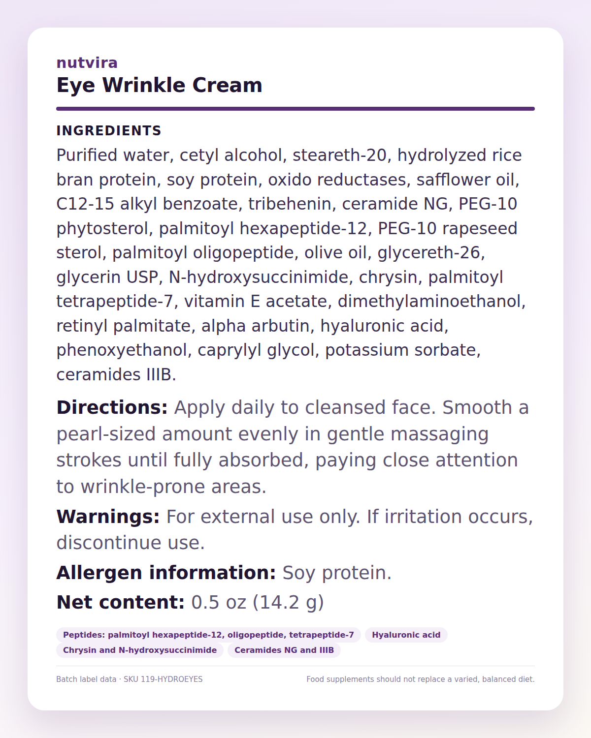 Nutvira Eye Wrinkle Cream ingredient panel