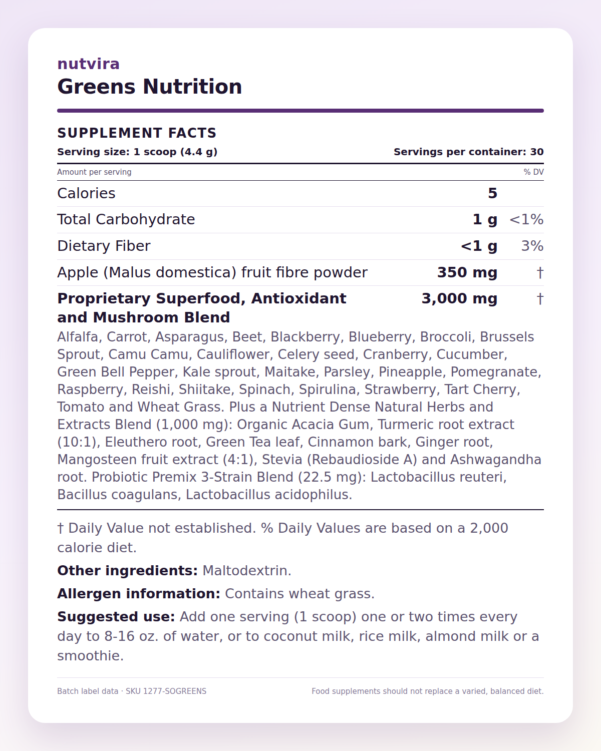 Nutvira Greens Nutrition supplement facts panel