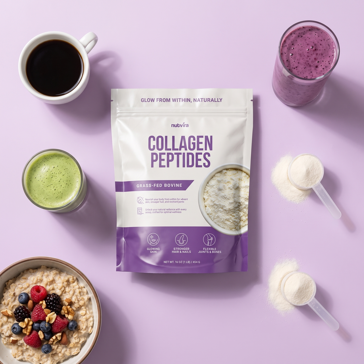 Nutvira Collagen Peptides with coffee, matcha, smoothie and oatmeal