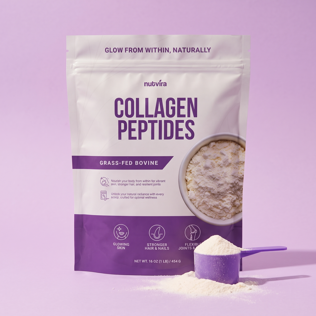 Nutvira Collagen Peptides pouch with a scoop of powder
